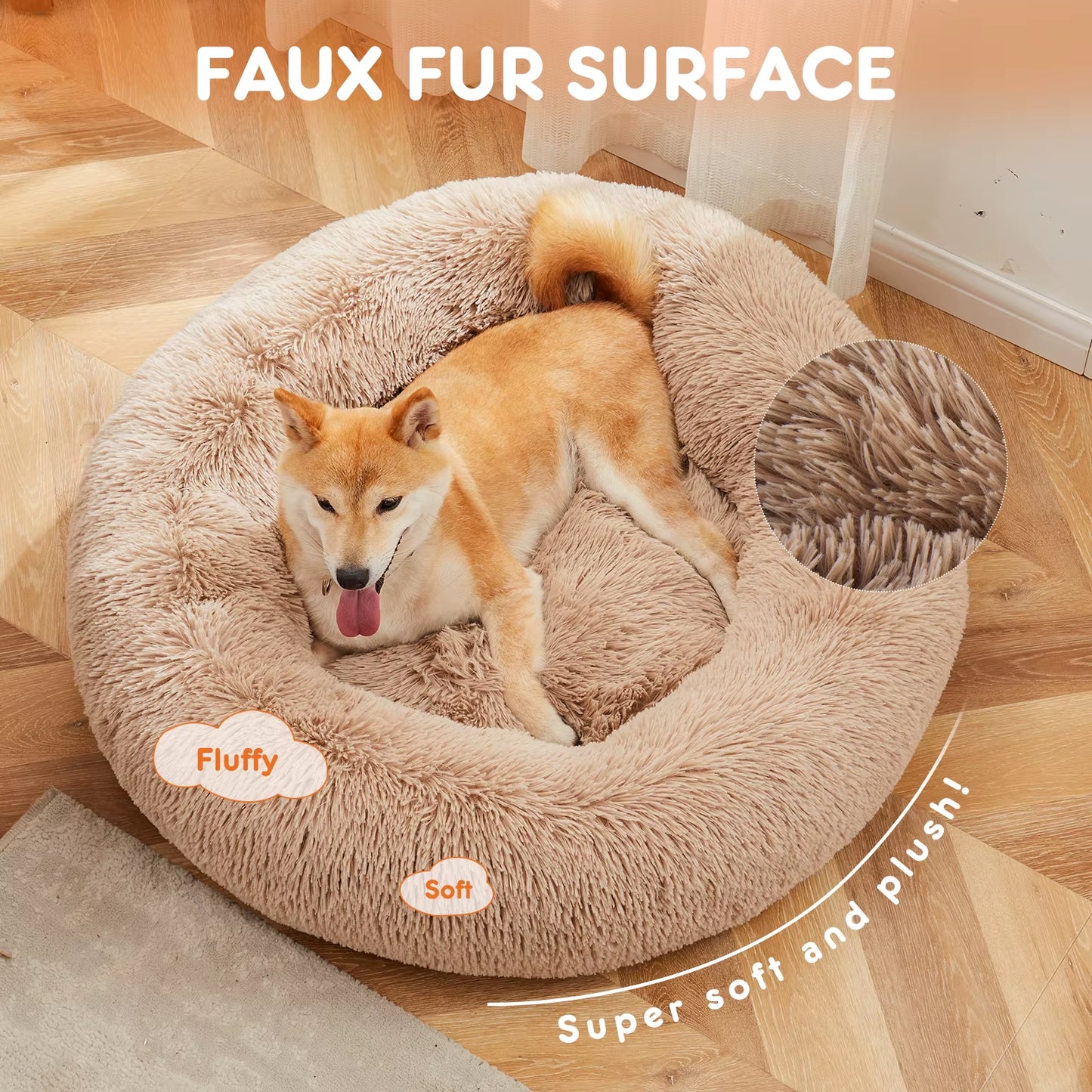 Calming Dog Bed for Medium to Large Dogs Washable Large Pet Bed Anti-Slip round Fluffy Plush Faux Fur Dog Bed