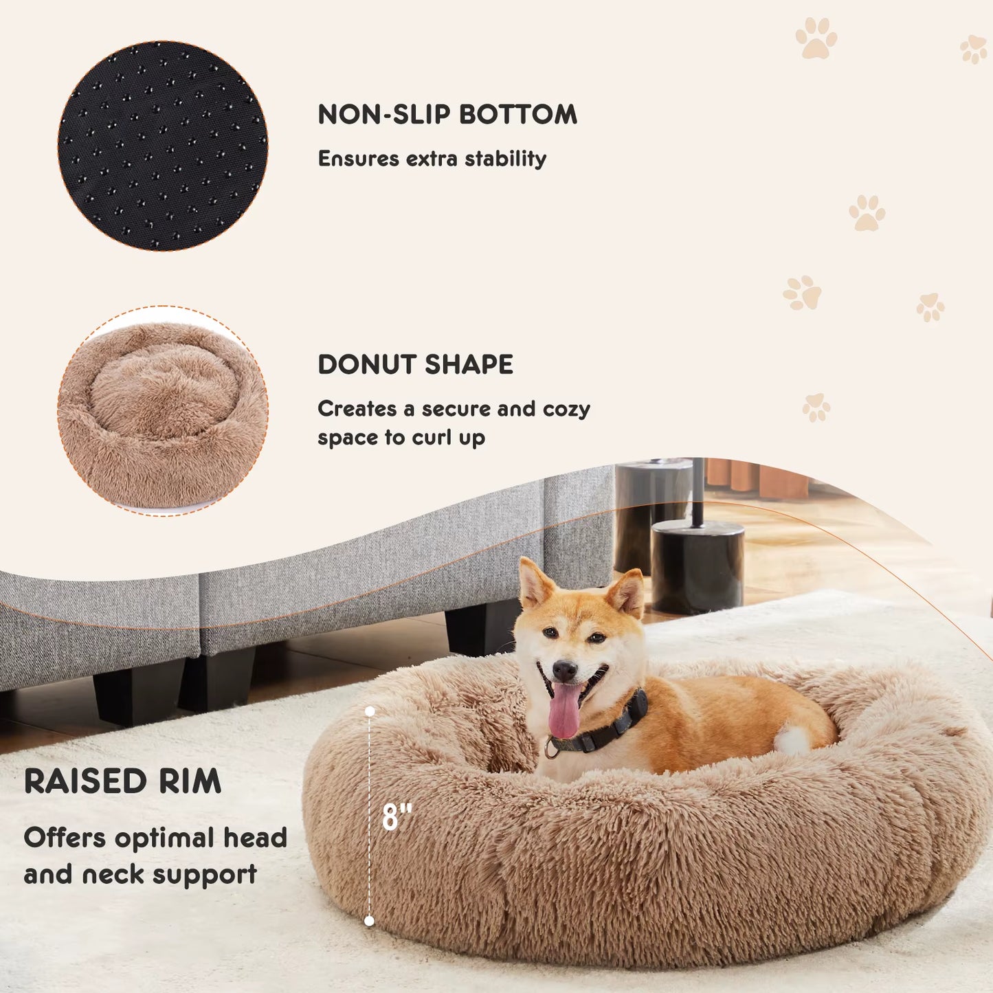 Calming Dog Bed for Medium to Large Dogs Washable Large Pet Bed Anti-Slip round Fluffy Plush Faux Fur Dog Bed