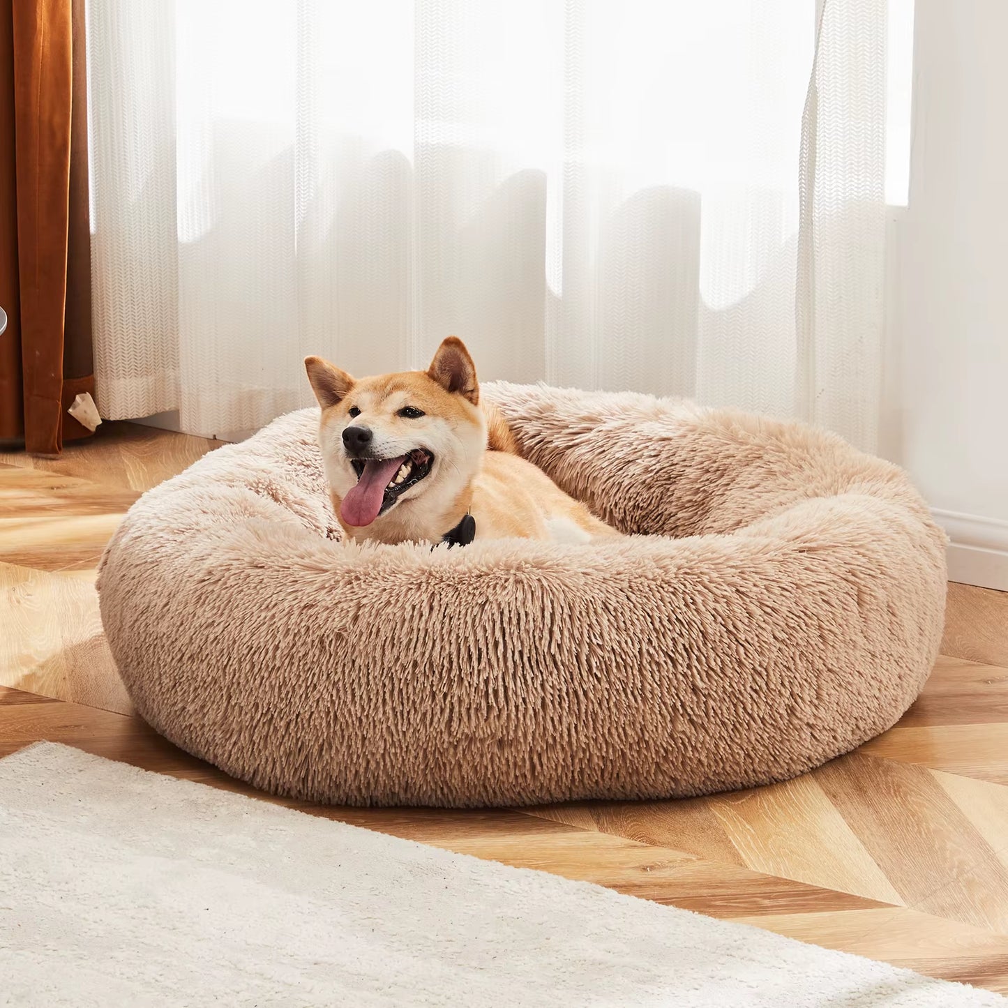 Calming Dog Bed for Medium to Large Dogs Washable Large Pet Bed Anti-Slip round Fluffy Plush Faux Fur Dog Bed