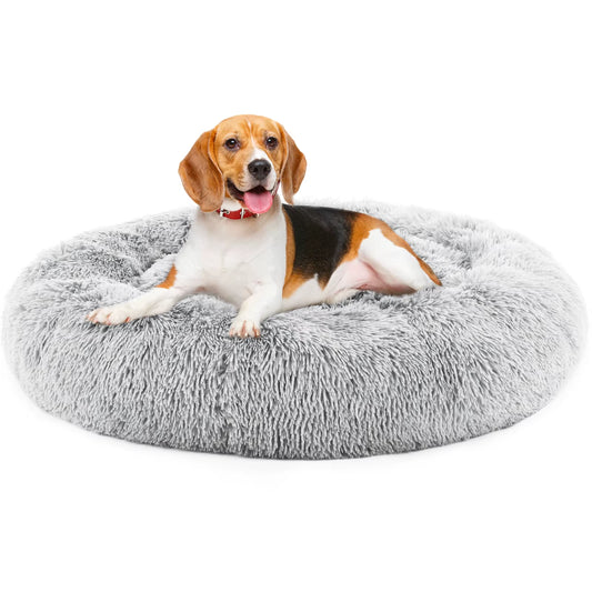 Calming Dog Bed for Medium to Large Dogs Washable Large Pet Bed Anti-Slip round Fluffy Plush Faux Fur Dog Bed